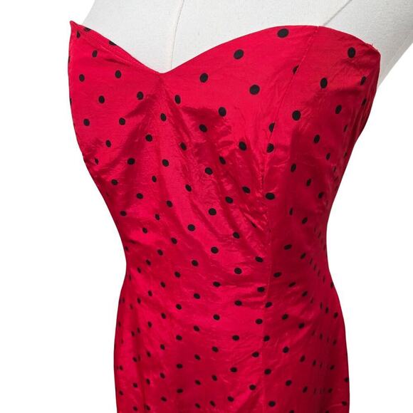 Vintage Strapless Red Polka Dot Midi Dress Sweetheart Neckline Valentines Day - Picture 2 of 10